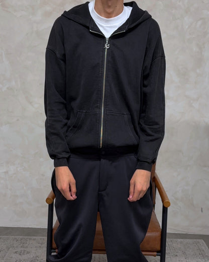 Vintage Washed Zip Up Hoodie - Black